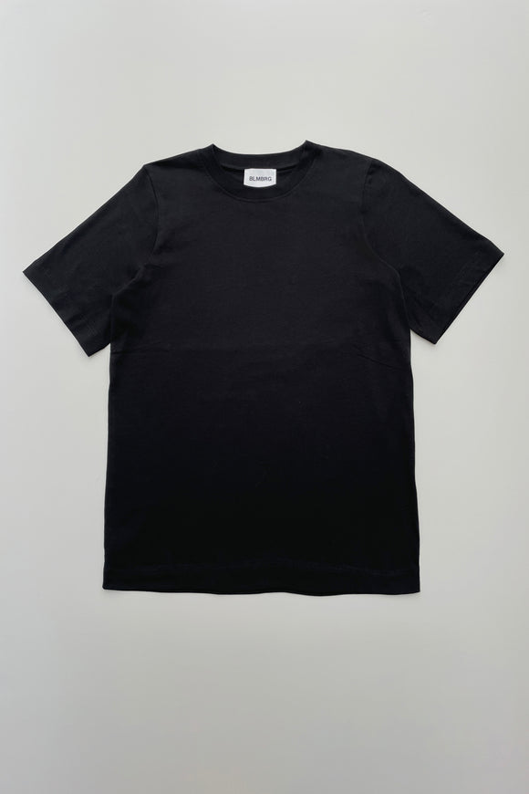 A black regular T-shirt with a classic crewneck showed flat from the front.