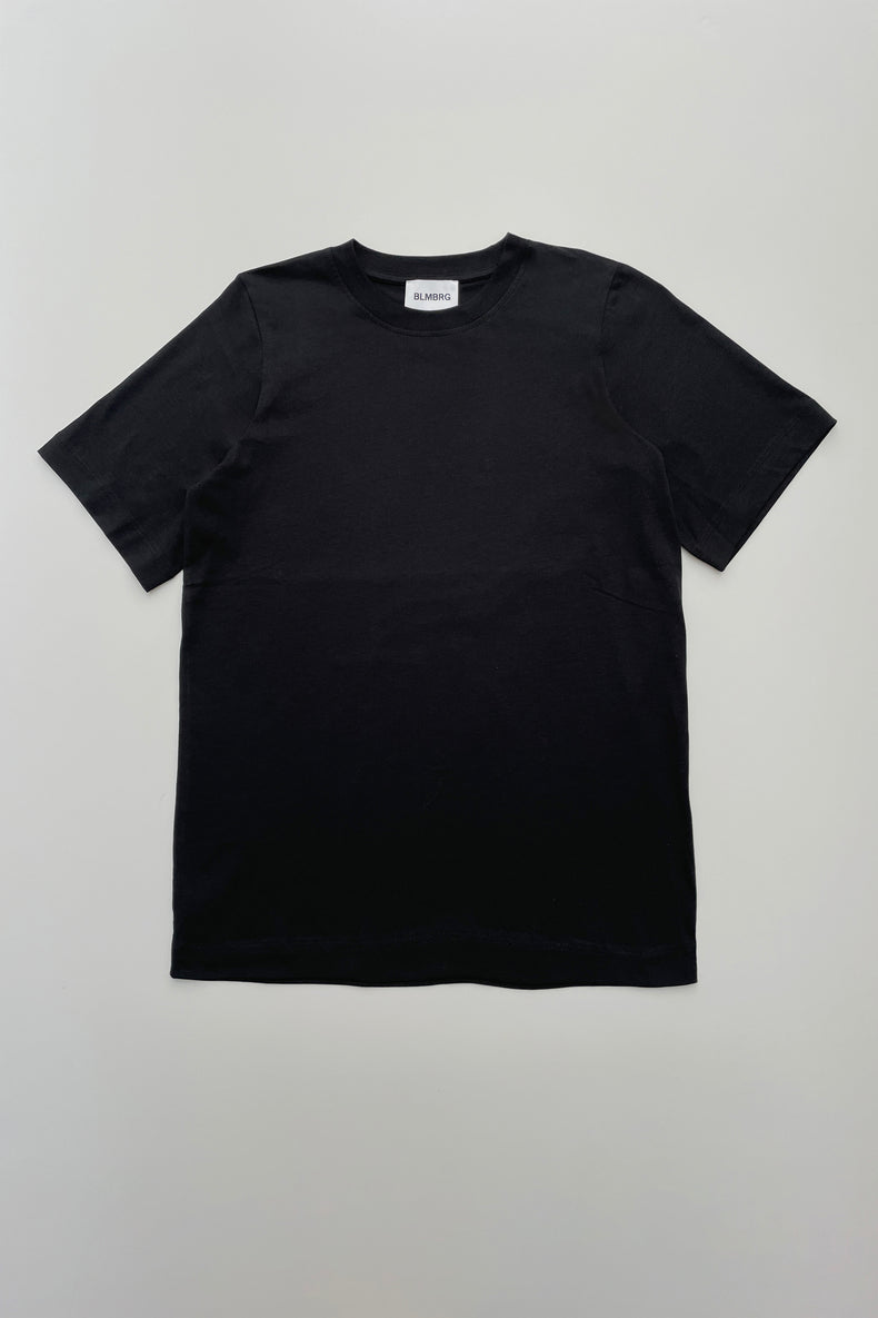 A black regular T-shirt with a classic crewneck showed flat from the front.